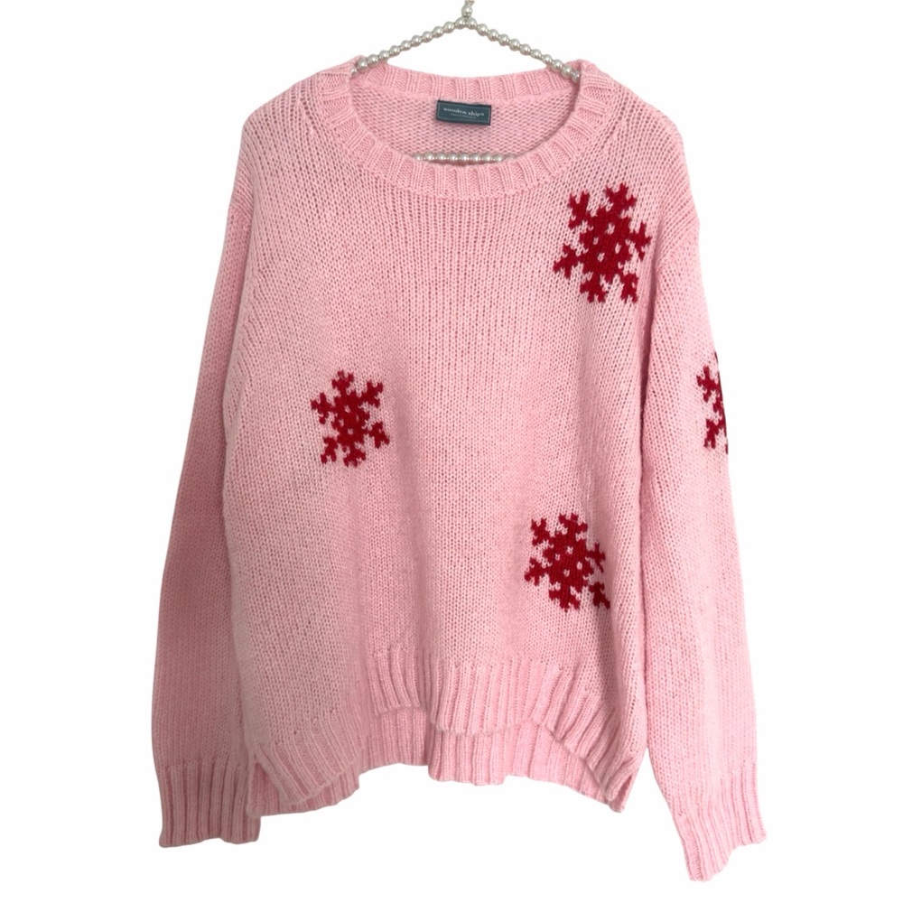 Wooden Ships Pink Sweater with Red Snowflakes